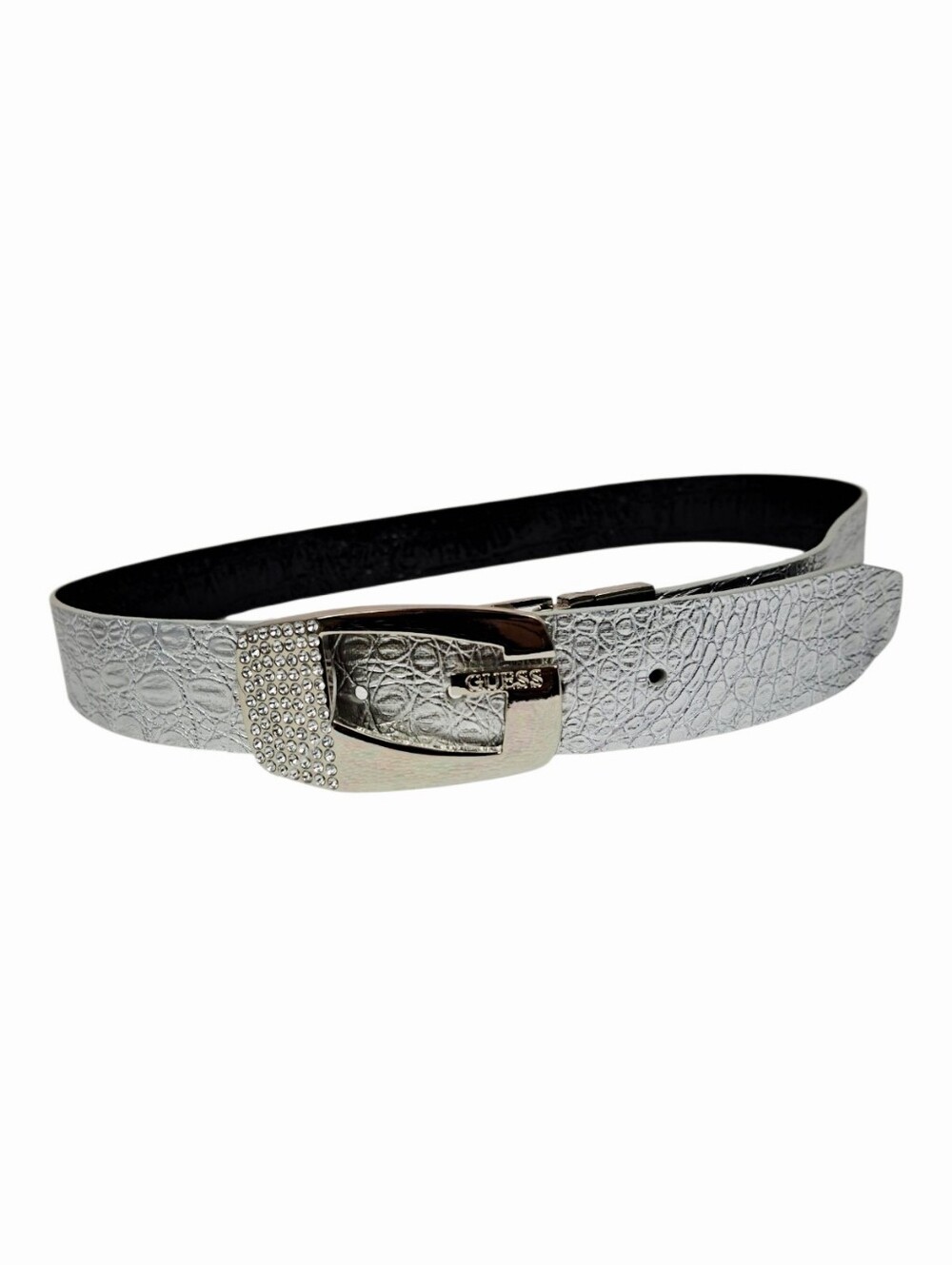 GUESS Silver Black Metallic Snakeskin Textured Vegan Belt Rhinestone Buckle